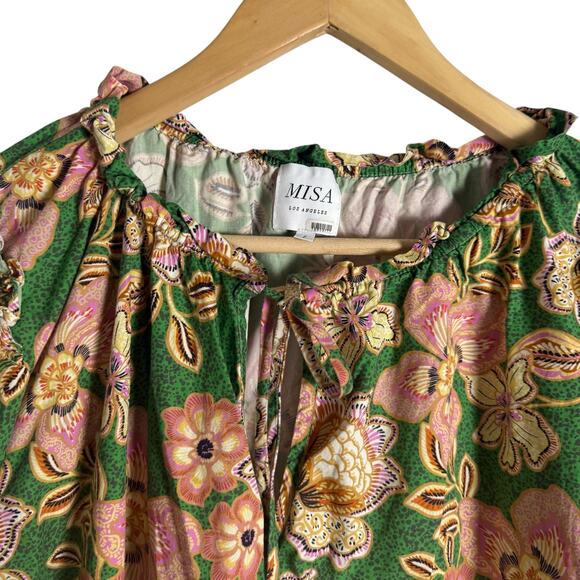 MISA Suparna Green Floral Print Cap Sleeve Tie Neck Peasant Blouse Size Large - Picture 6 of 14